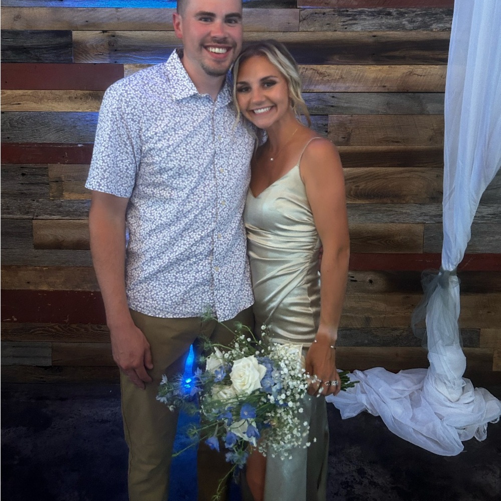 Birds grey bridesmaid dress size XS champagne color with left leg slit no alter